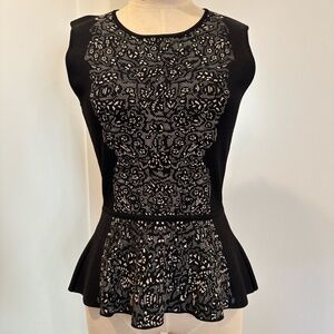 BCBGMaxAzria Like New Alonya Peplum Top- Size Medium; Black and Nude